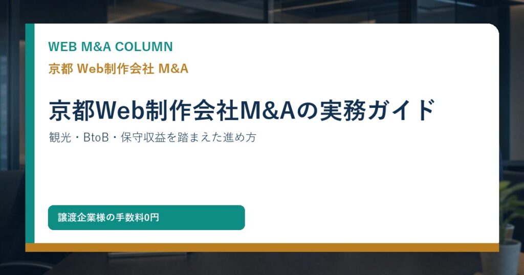 京都Web制作会社M&Aの実務ポイントとして、観光業とBtoB顧客、保守収益、企業価値算定、DD、PMIを整理したアイキャッチ画像