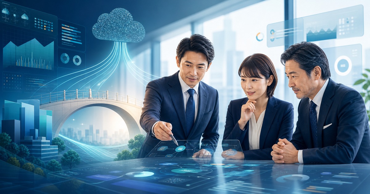 データ分析会社M&Aの譲渡準備とデータ基盤の統合を表現したオリジナルアイキャッチ