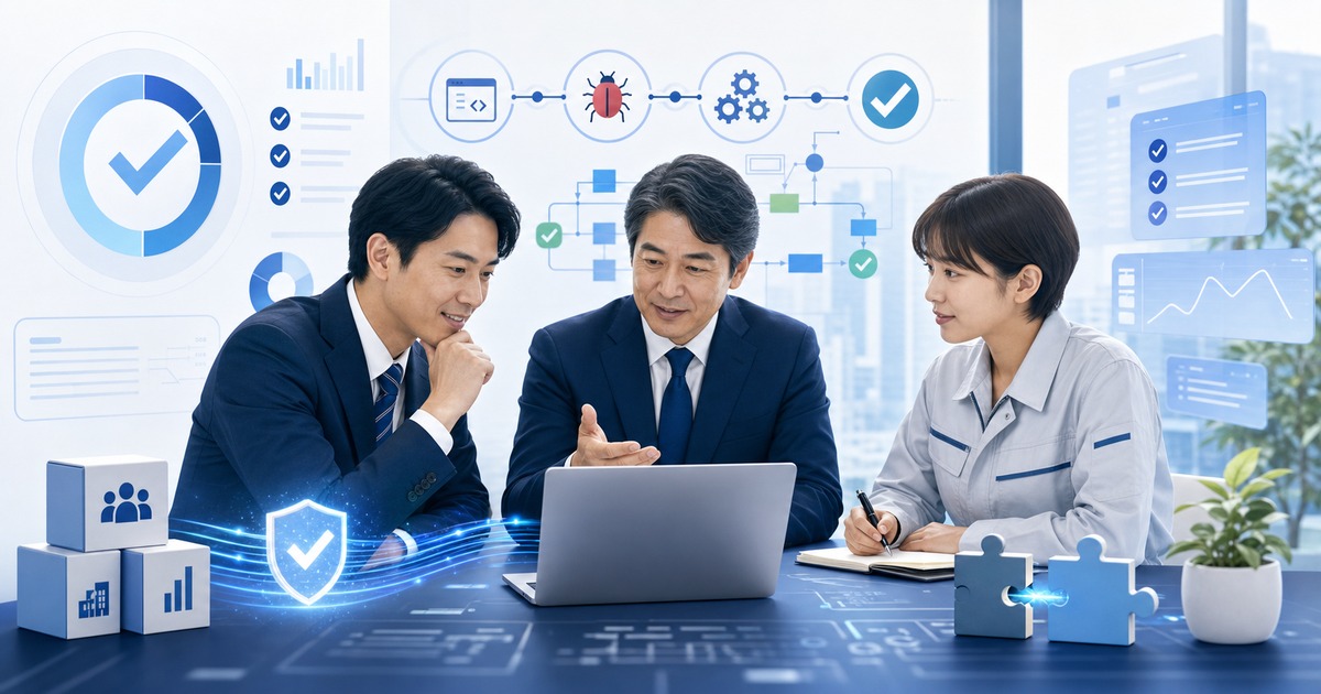 ソフトウェアテスト会社M&Aで品質保証工程と事業承継を協議する経営者とQA担当者