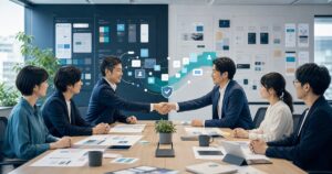 UI/UXデザイン会社M&Aで制作資産とチームの承継を協議する経営者とデザイナー