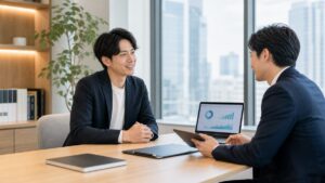 Web事業のKPIを確認しながらM&A相談を進める経営者とアドバイザー