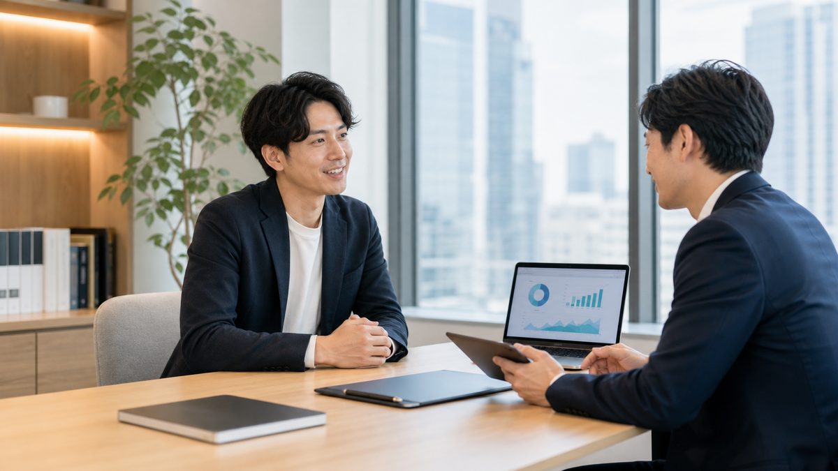 Web事業のKPIを確認しながらM&A相談を進める経営者とアドバイザー