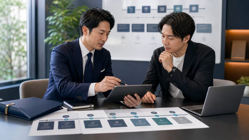 Web事業M&Aの進行ステップを相談する経営者とアドバイザー