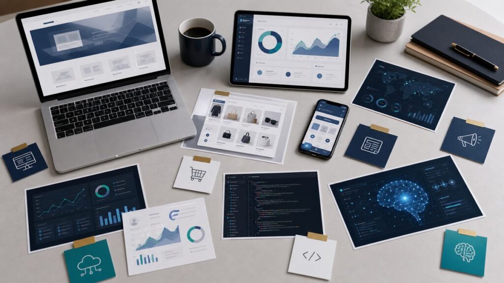 Web制作、SaaS、EC、広告、AIなどWeb事業領域を整理したデスクイメージ